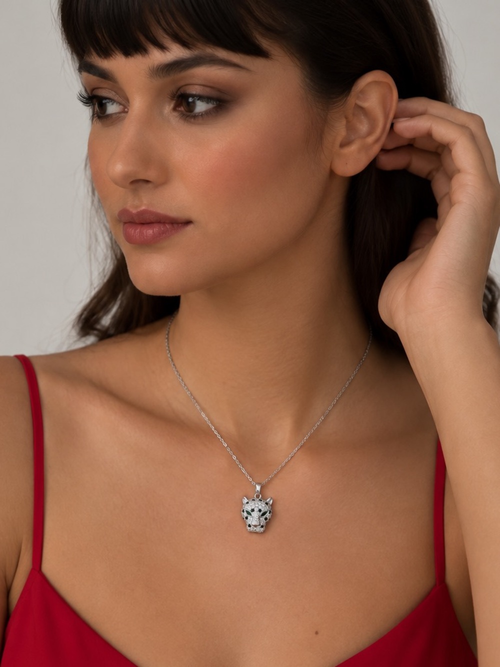 Panther Head Pendant Necklace with Green Eyes